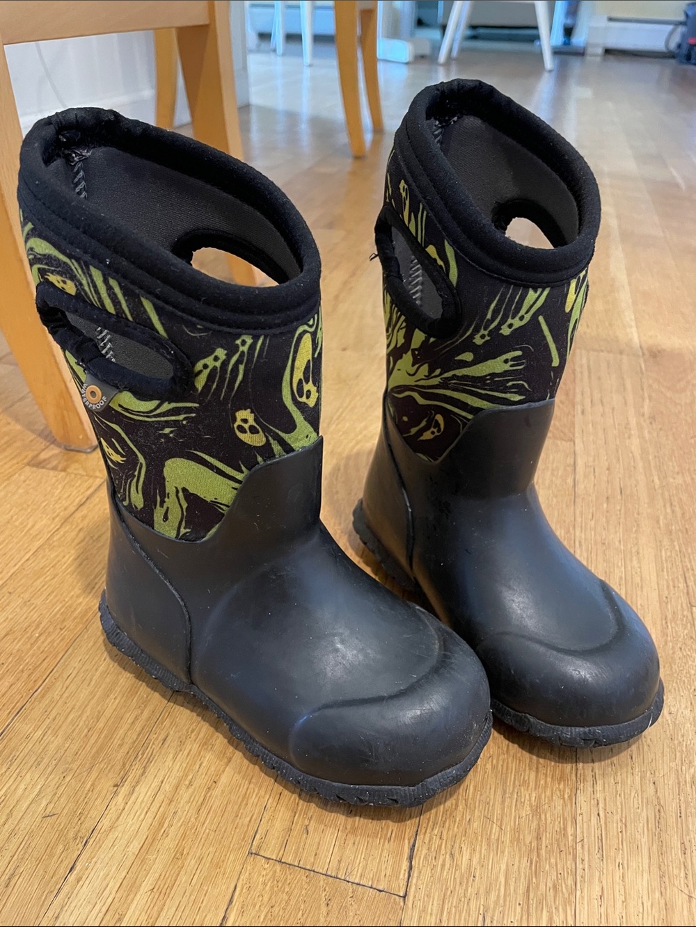 Bogs Black and Green Kids Waterproof Rain Boots